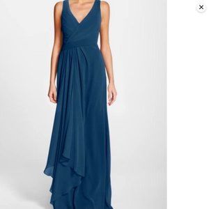 Monique Lhuillier Bridesmaids Faux Wrap Deep Blue Dress Prom Evening Gown 0